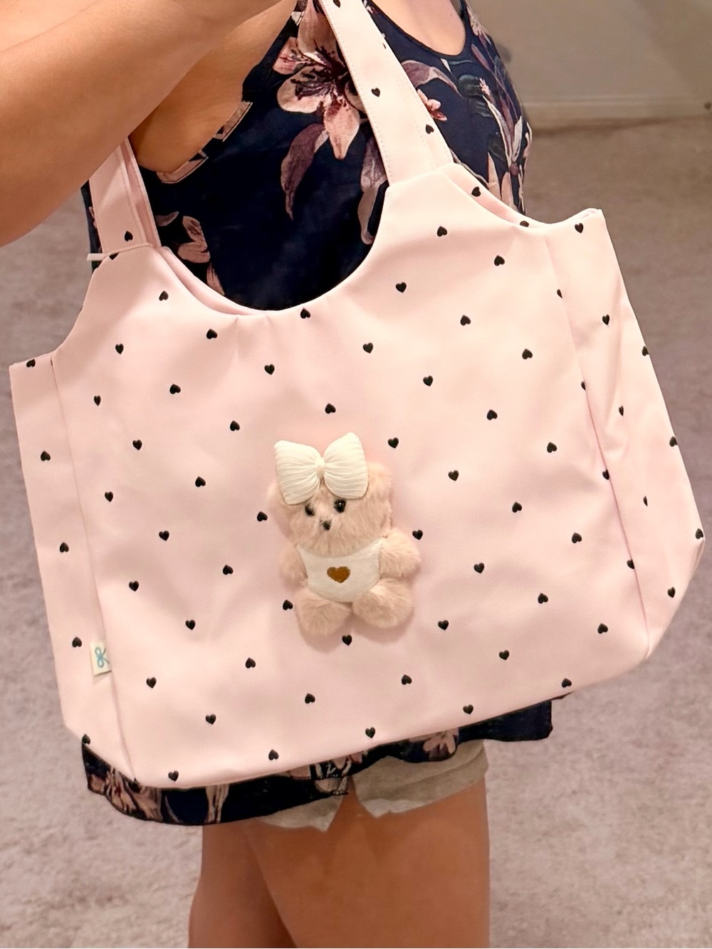 Pink Heart Print Tote Bag with Bear Charm
